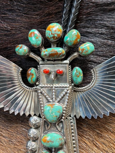 Huge Kachina bolo with turquoise and coral, hallmarked JR
