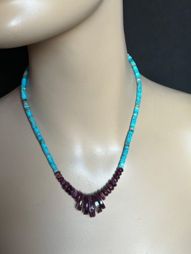 Heishe cut turquoise with purple spiny oyster shell. Santa Domingo style