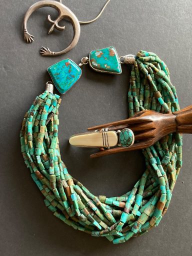 Multi strand turquoise necklace, vintage sterling naja and modern maiden ring